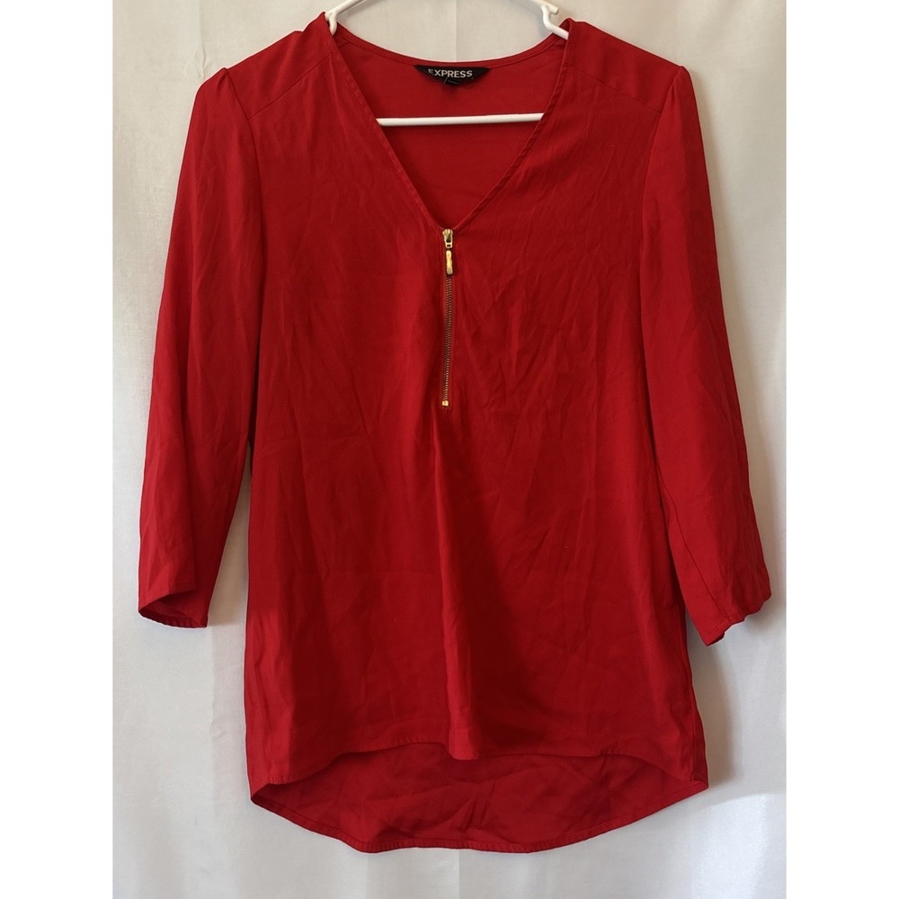 EXPRESS Red 3/4 Sleeve Blouse Women's Front Zipper Hi Low XS